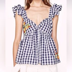 Zara gingham embroidered babydoll top